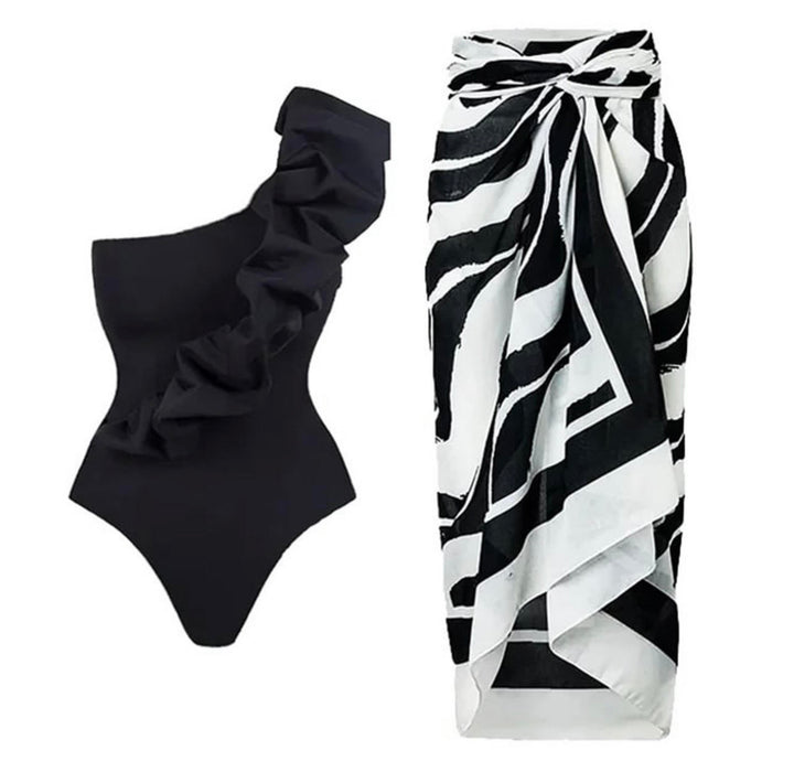 Black/white Organza One Piece With Sarong