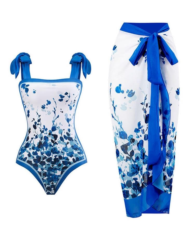 Blue floral one piece with sarong