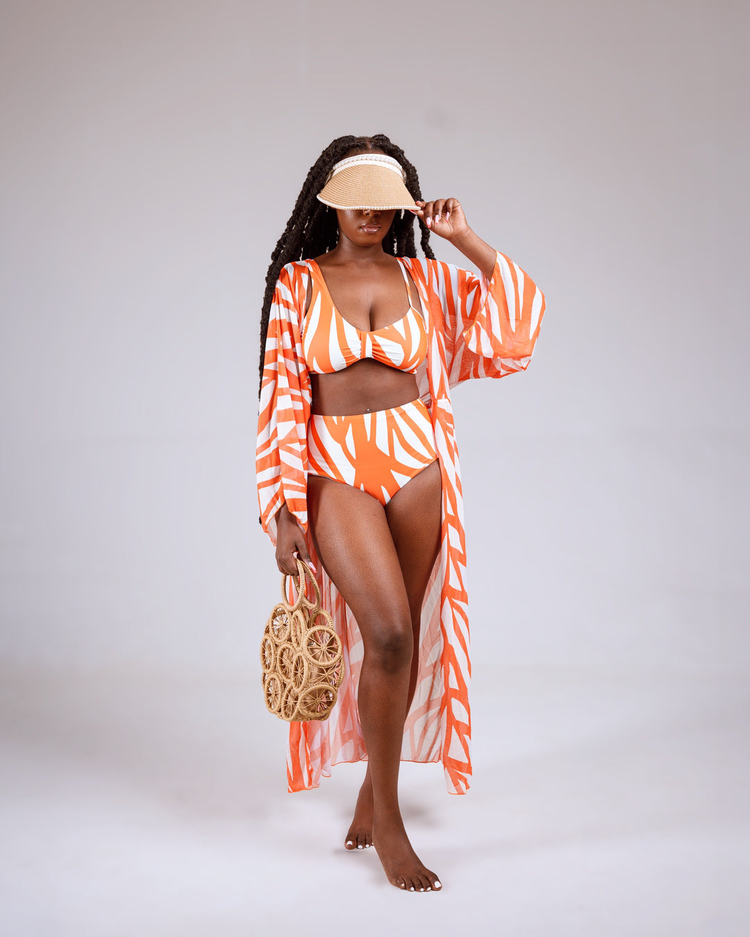 Orange geometric print set with kimono cover up