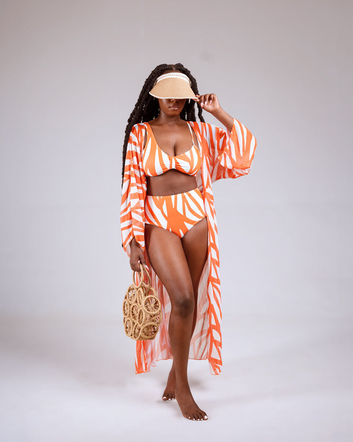 Orange geometric print set with kimono cover up