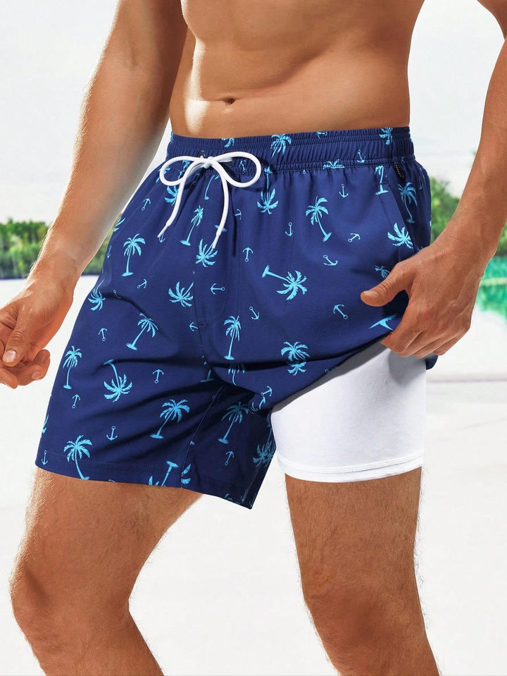 Palm print men's shorts with compression liner