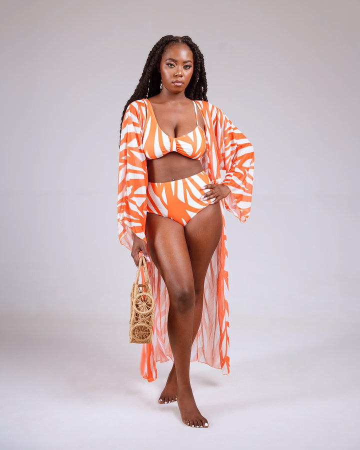 Orange geometric print set with kimono cover up