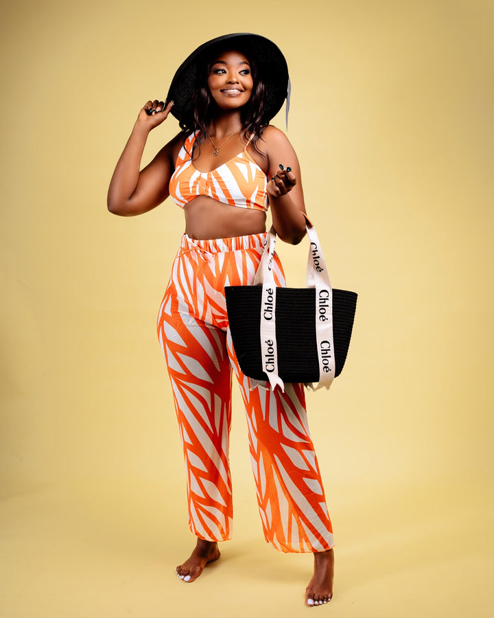 Orange geometric print set with pants cover up