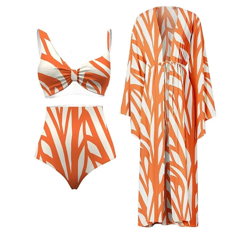 Orange geometric print set with kimono cover up