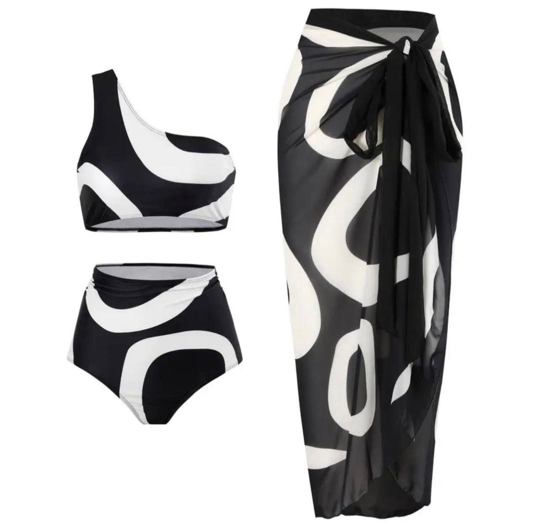 Black/white high waist bikini with sarong cover up